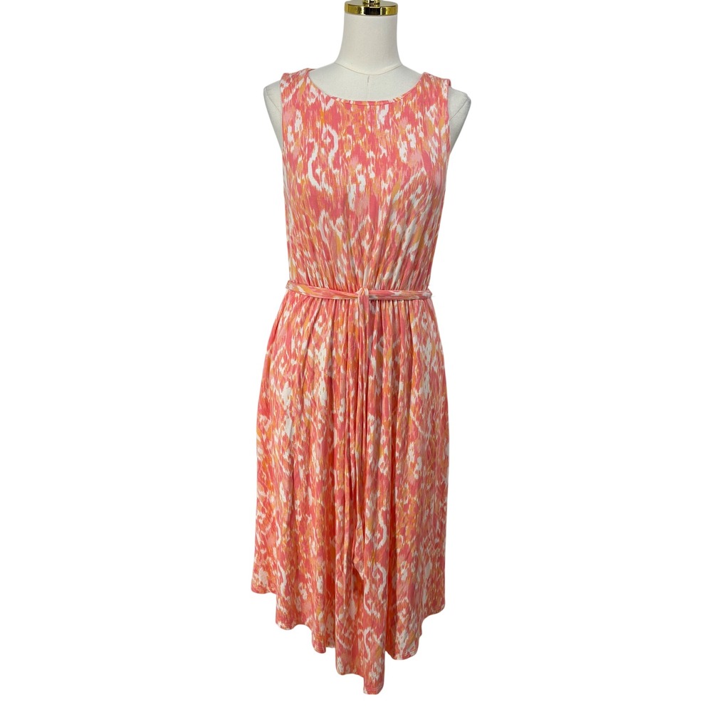 Soma WKND Womens Large Pink Orange Ikat Print Sleeveless Belted Midi Dress L